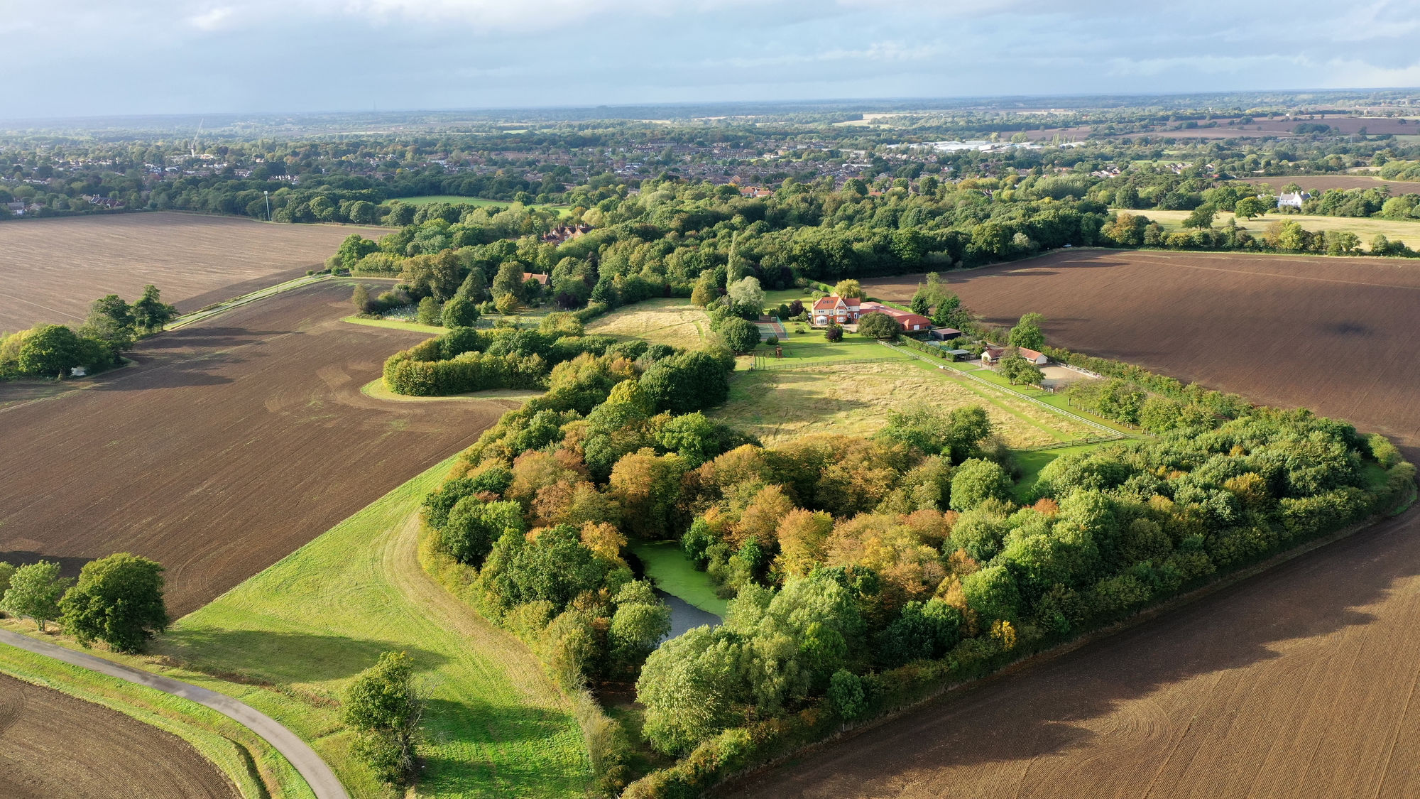Aerial view across fields and woodland