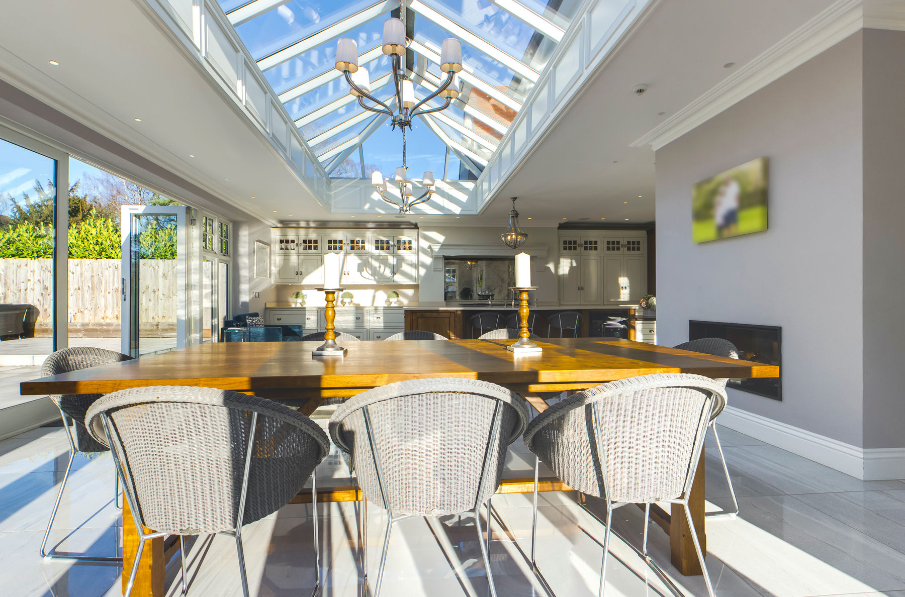 Dining room under a skylight